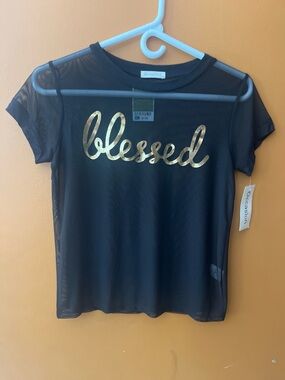 Occasion Black Short-Sleeve Mesh Tee with Gold "Blessed" Script
